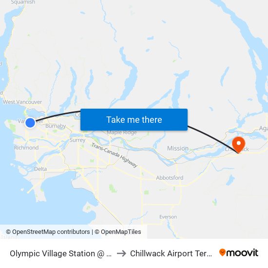 Olympic Village Station @ Bay 1 to Chillwack Airport Terminal map