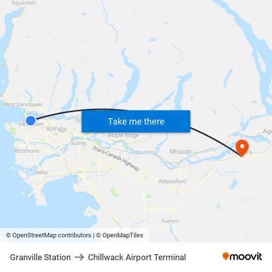 Granville Station to Chillwack Airport Terminal map