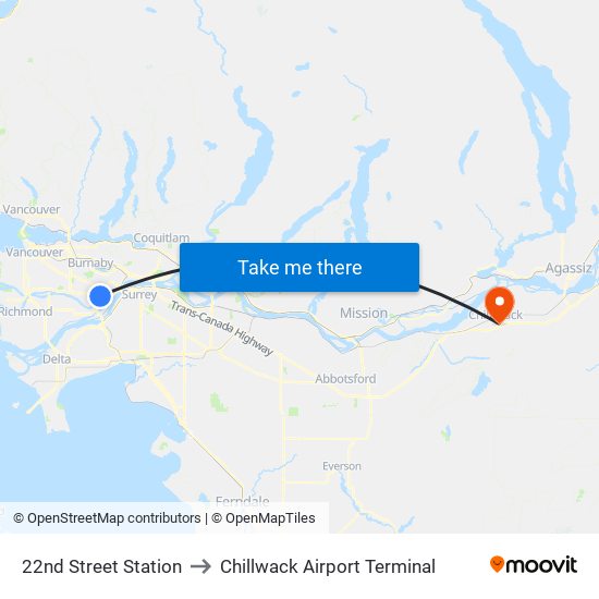 22nd Street Station to Chillwack Airport Terminal map