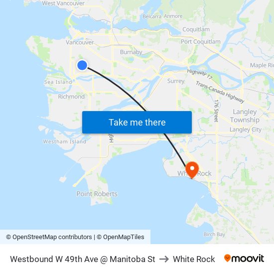 Westbound W 49th Ave @ Manitoba St to White Rock map