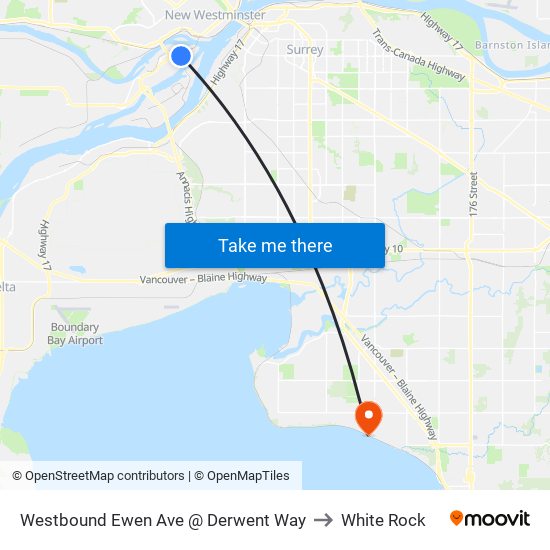 Westbound Ewen Ave @ Derwent Way to White Rock map