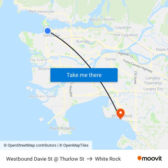 Westbound Davie St @ Thurlow St to White Rock map