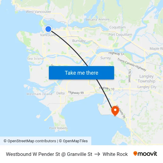 Westbound W Pender St @ Granville St to White Rock map