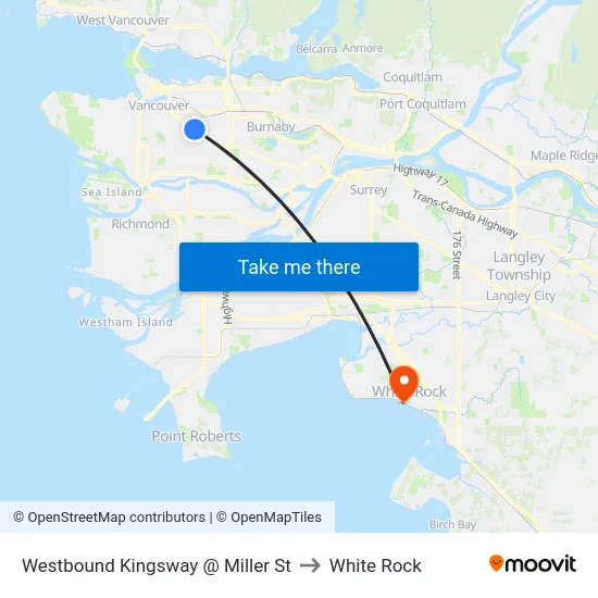 Westbound Kingsway @ Miller St to White Rock map
