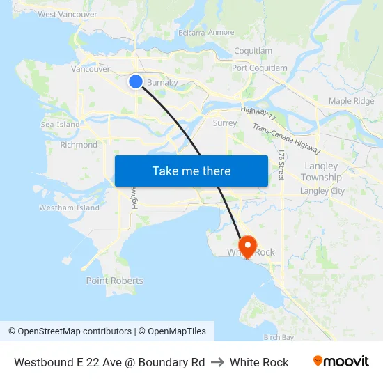 Westbound E 22 Ave @ Boundary Rd to White Rock map