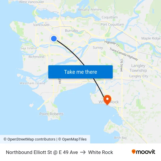 Northbound Elliott St @ E 49 Ave to White Rock map