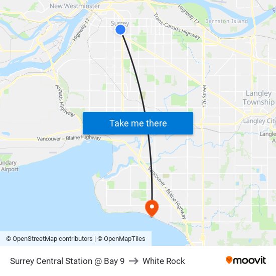 Surrey Central Station @ Bay 9 to White Rock map