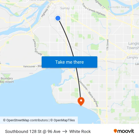 Southbound 128 St @ 96 Ave to White Rock map