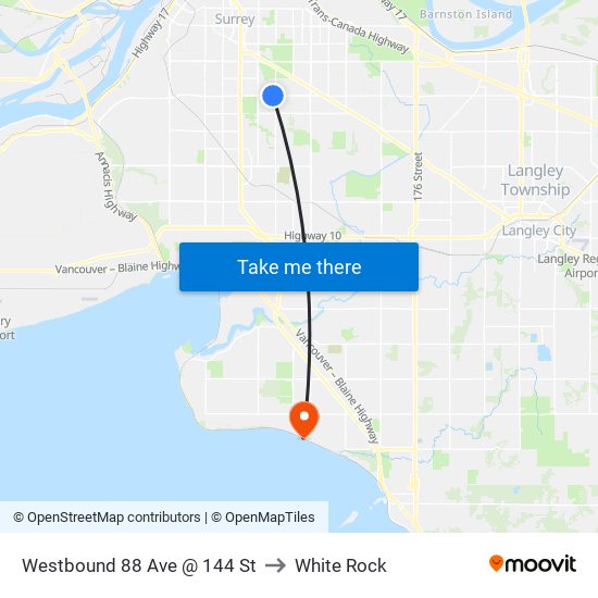 Westbound 88 Ave @ 144 St to White Rock map