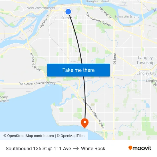 Southbound 136 St @ 111 Ave to White Rock map