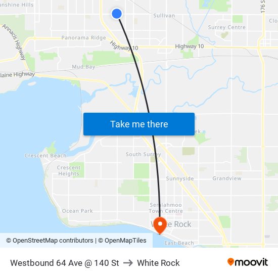 Westbound 64 Ave @ 140 St to White Rock map