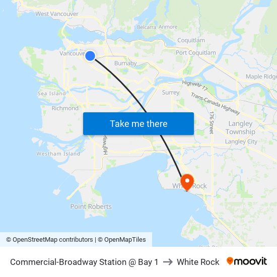 Commercial-Broadway Station @ Bay 1 to White Rock map