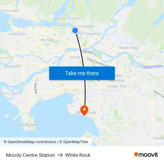 Moody Centre Station to White Rock map