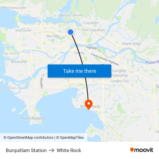 Burquitlam Station to White Rock map