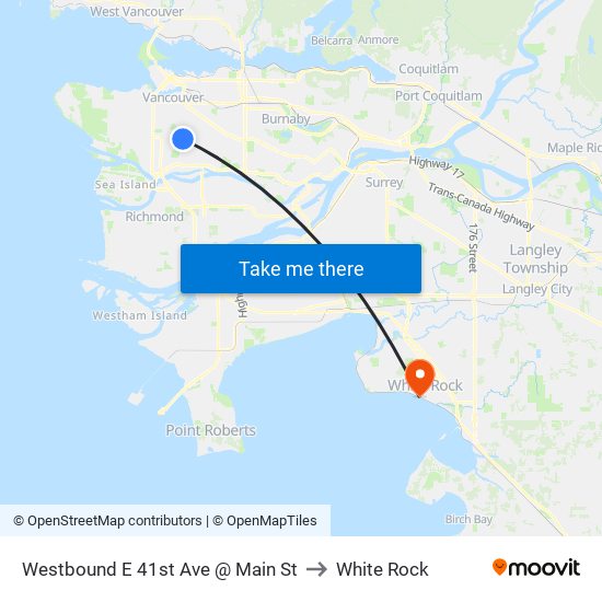 Westbound E 41st Ave @ Main St to White Rock map