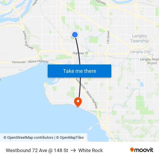 Westbound 72 Ave @ 148 St to White Rock map