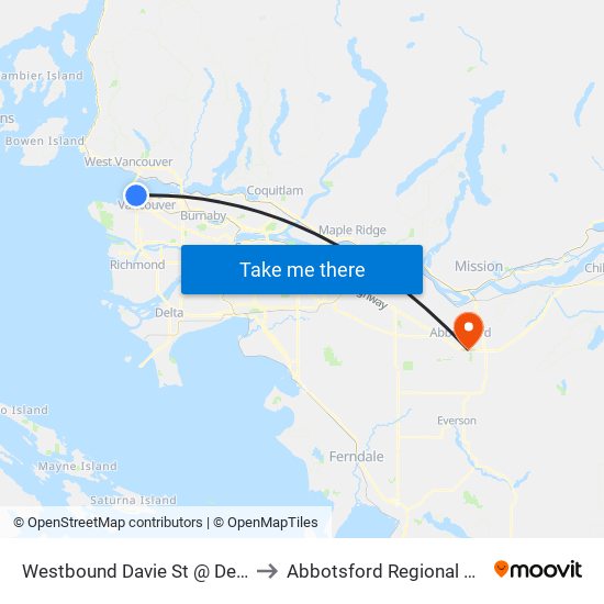 Westbound Davie St @ Denman St to Abbotsford Regional Hospital map