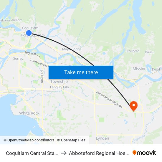 Coquitlam Central Station to Abbotsford Regional Hospital map