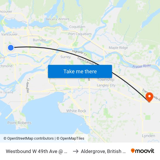 Westbound W 49th Ave @ Manitoba St to Aldergrove, British Columbia map