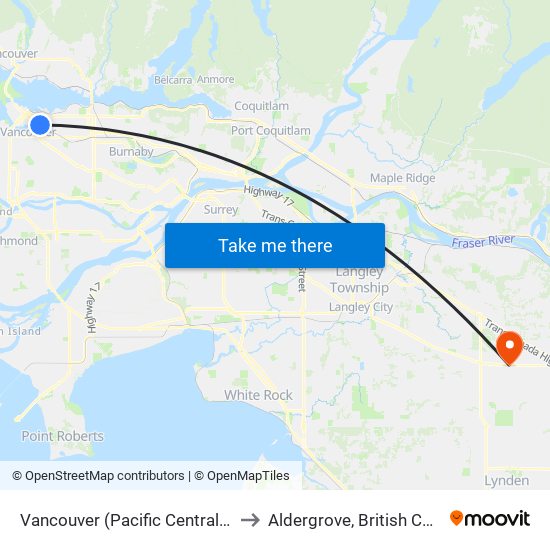 Vancouver (Pacific Central Station) to Aldergrove, British Columbia map