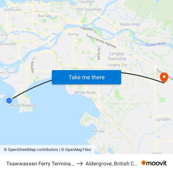 Tsawwassen Ferry Terminal @ Bay 2 to Aldergrove, British Columbia map