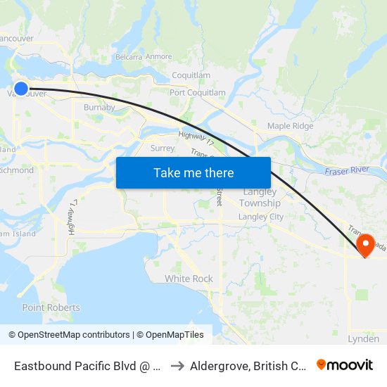 Eastbound Pacific Blvd @ Homer St to Aldergrove, British Columbia map