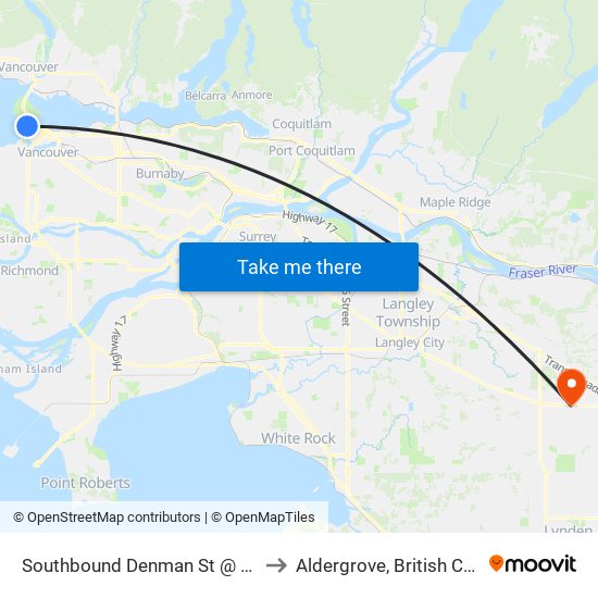 Southbound Denman St @ Comox St to Aldergrove, British Columbia map