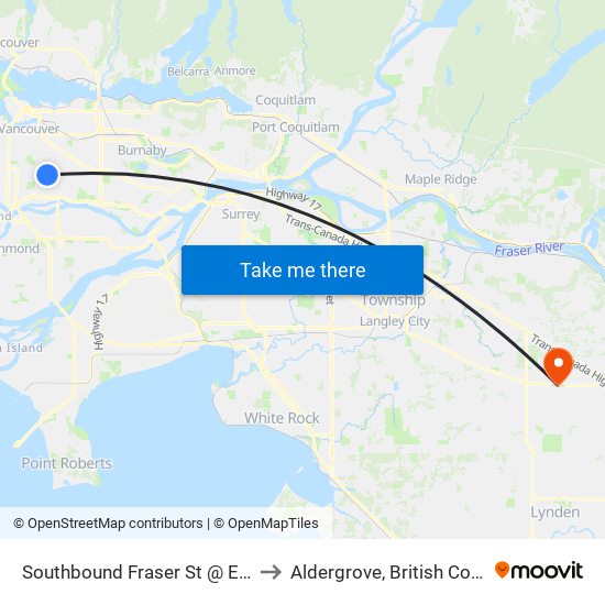 Southbound Fraser St @ E 45 Ave to Aldergrove, British Columbia map
