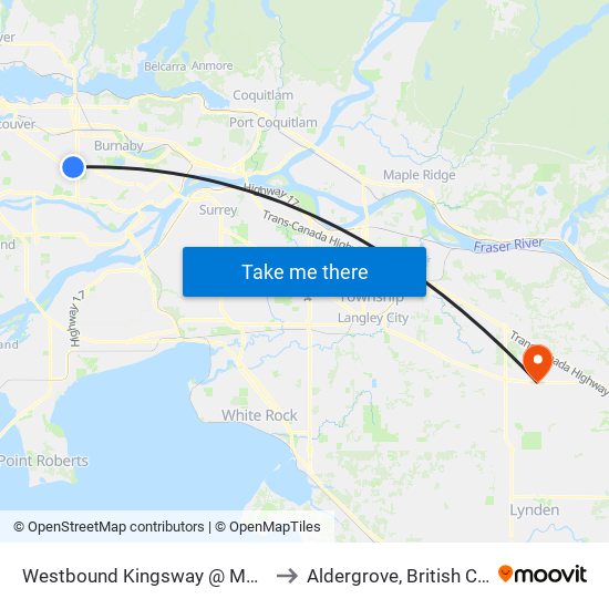 Westbound Kingsway @ Melbourne St to Aldergrove, British Columbia map