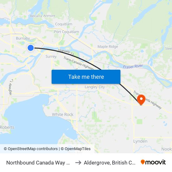 Northbound Canada Way @ 16 Ave to Aldergrove, British Columbia map