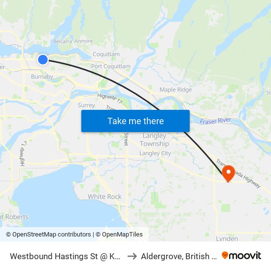 Westbound Hastings St @ Kensington Ave to Aldergrove, British Columbia map