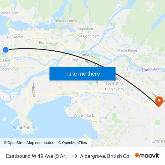 Eastbound W 49 Ave @ Arbutus St to Aldergrove, British Columbia map