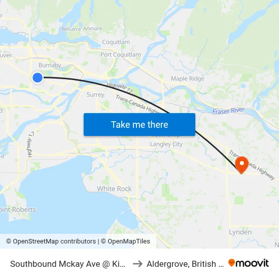 Southbound Mckay Ave @ Kingsborough St to Aldergrove, British Columbia map