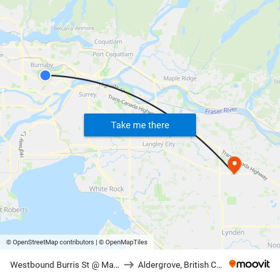 Westbound Burris St @ Malvern Ave to Aldergrove, British Columbia map