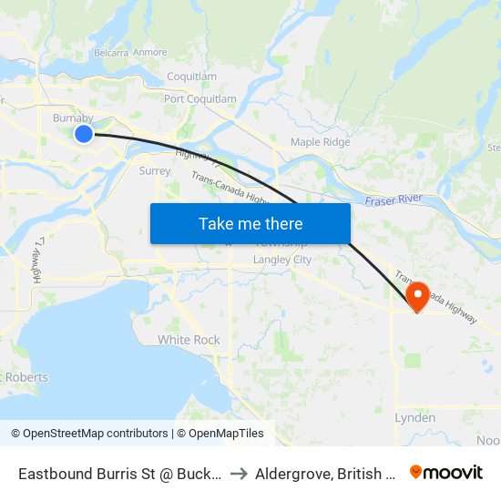 Eastbound Burris St @ Buckingham Ave to Aldergrove, British Columbia map