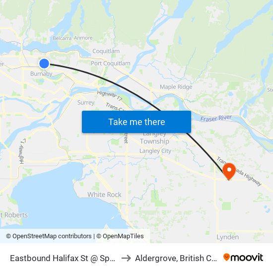 Eastbound Halifax St @ Sperling Ave to Aldergrove, British Columbia map