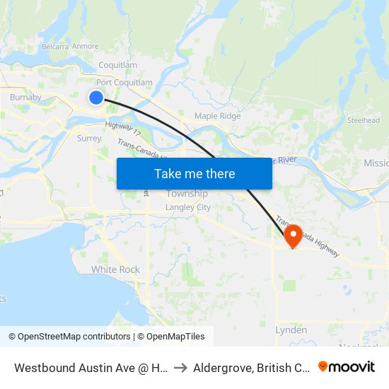 Westbound Austin Ave @ Hillcrest St to Aldergrove, British Columbia map