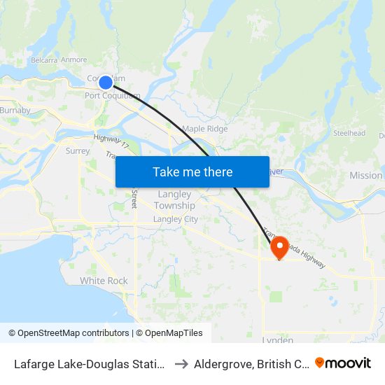 Lafarge Lake-Douglas Station @ Bay 3 to Aldergrove, British Columbia map