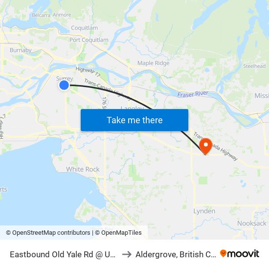 Eastbound Old Yale Rd @ University Dr to Aldergrove, British Columbia map