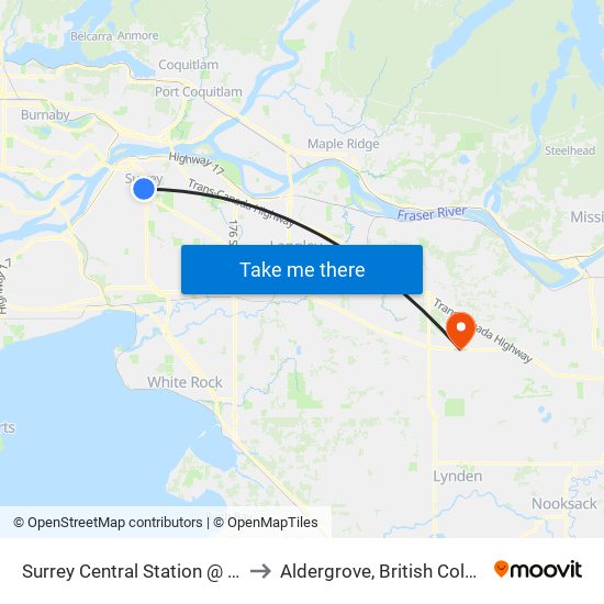 Surrey Central Station @ Bay 9 to Aldergrove, British Columbia map