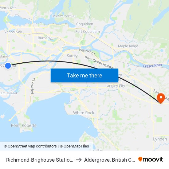 Richmond-Brighouse Station @ Bay 3 to Aldergrove, British Columbia map