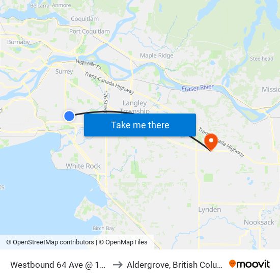 Westbound 64 Ave @ 140 St to Aldergrove, British Columbia map