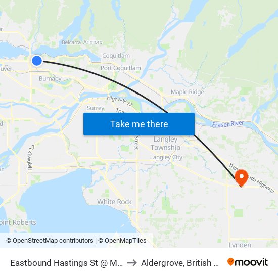 Eastbound Hastings St @ Madison Ave to Aldergrove, British Columbia map