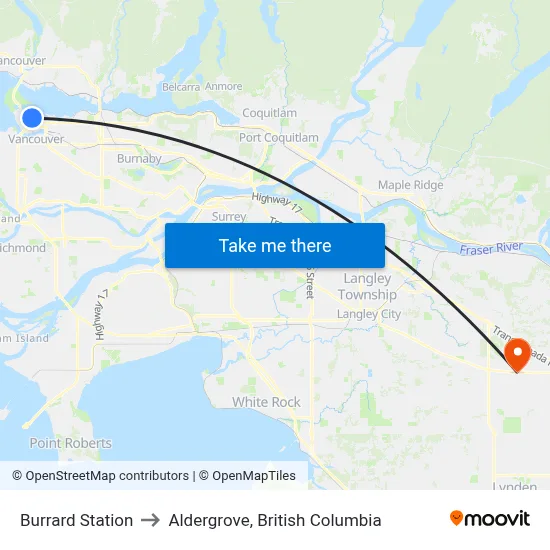 Burrard Station to Aldergrove, British Columbia map