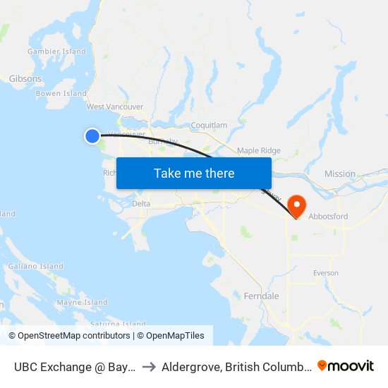 UBC Exchange @ Bay 1 to Aldergrove, British Columbia map
