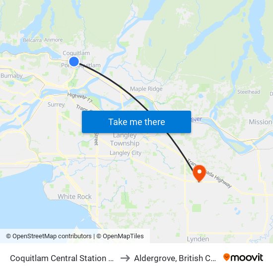 Coquitlam Central Station @ Bay 14 to Aldergrove, British Columbia map