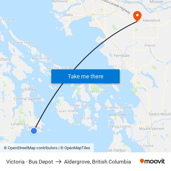 Victoria - Bus Depot to Aldergrove, British Columbia map