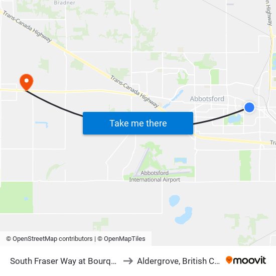 South Fraser Way at Bourquin Cres E to Aldergrove, British Columbia map