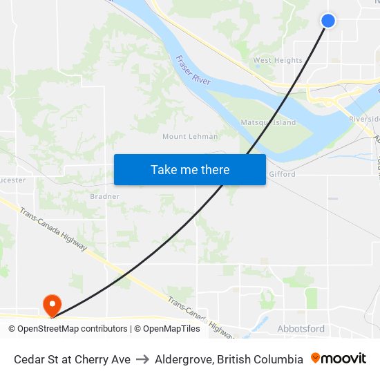 Cedar & Cherry to Aldergrove, British Columbia map