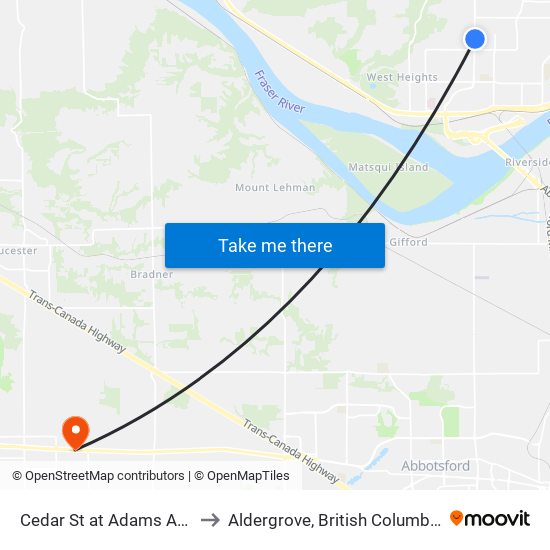 Cedar & Adams to Aldergrove, British Columbia map